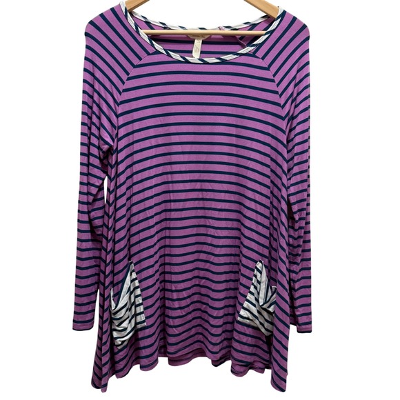 Matilda Jane Tops - Matilda Jane Striped Long Sleeve Tunic Top Womens Small Purple Pockets Modal